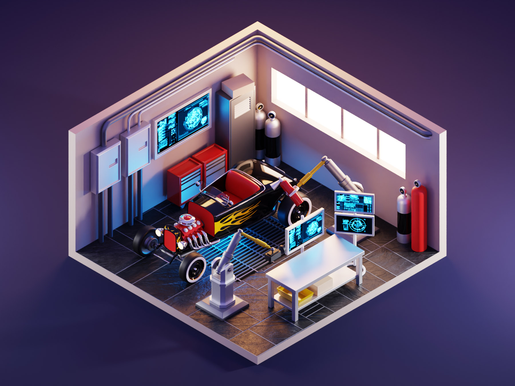 Iron Mans Garage car hot rod garage stark iron man room diorama lowpol.jpg