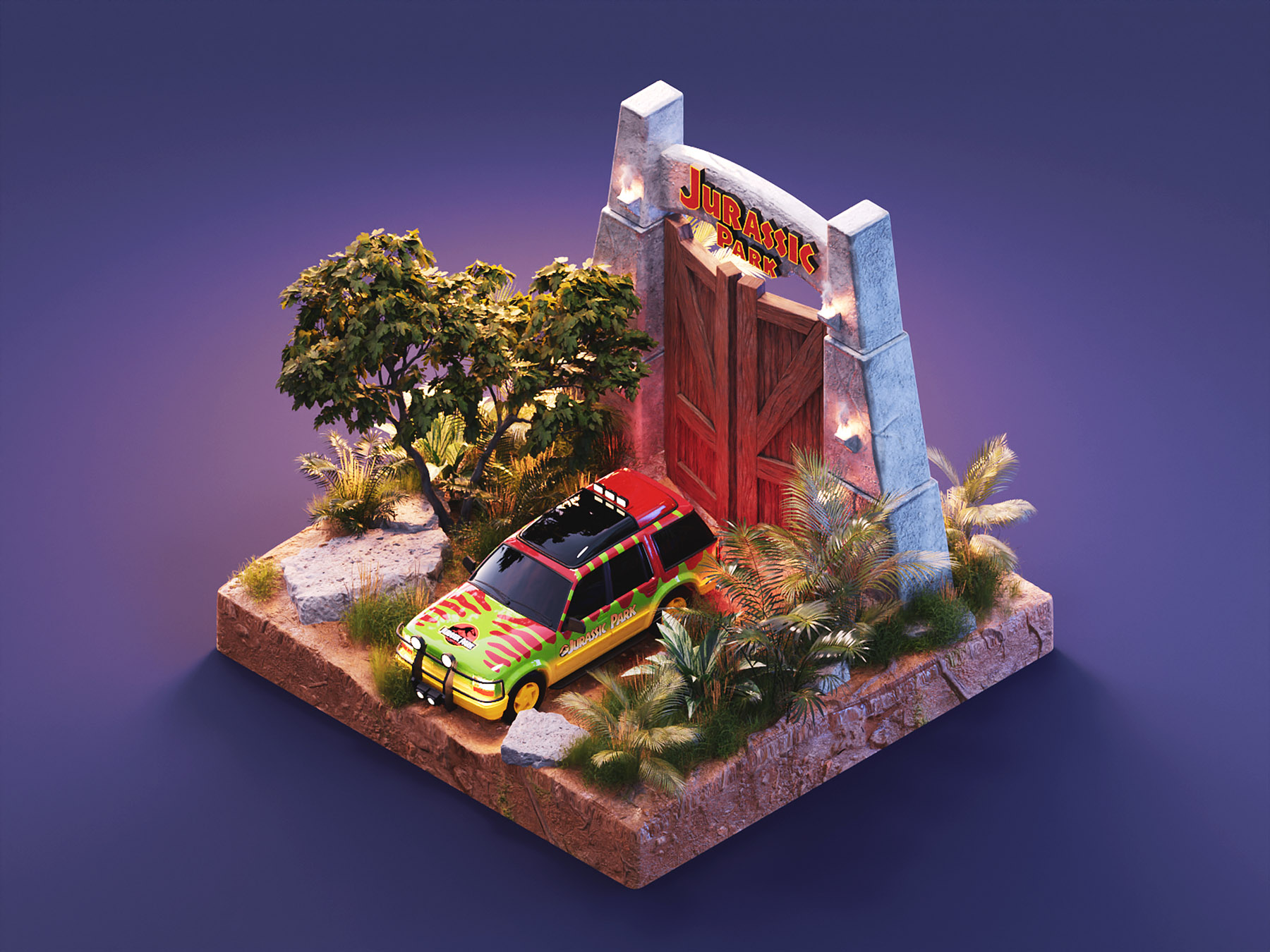 Jurassic Park substance painter jurassic park diorama isometric render.jpg