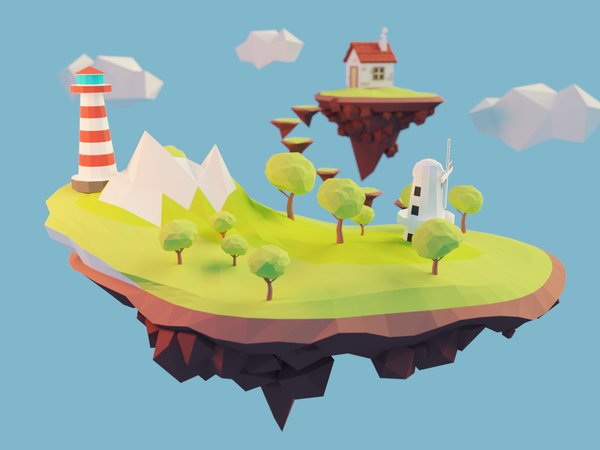 Lighthouse Scene diorama floating house mill island model render lowpo.png