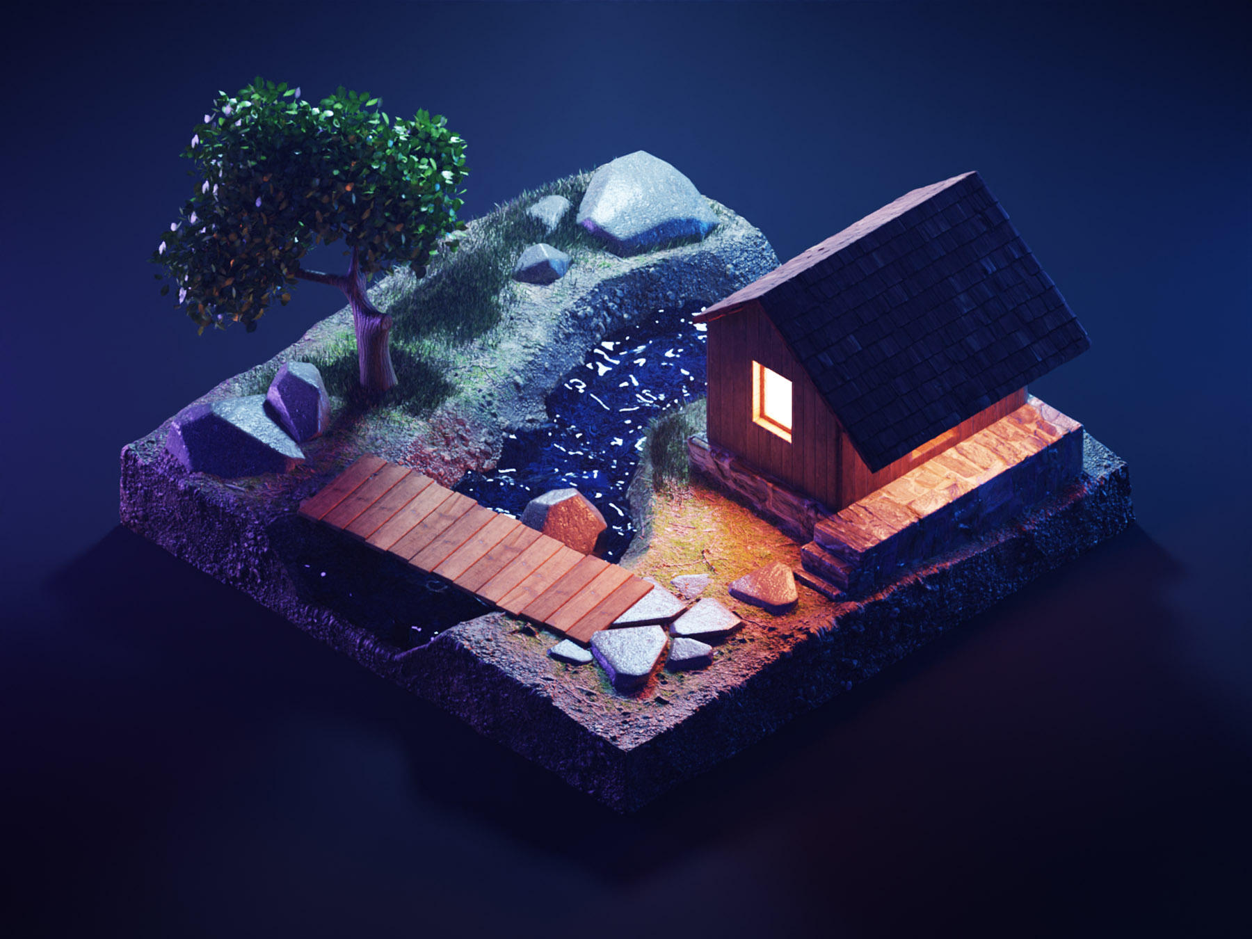 Mountain Hut mountains cabin hut nature diorama isometric render blend.jpg