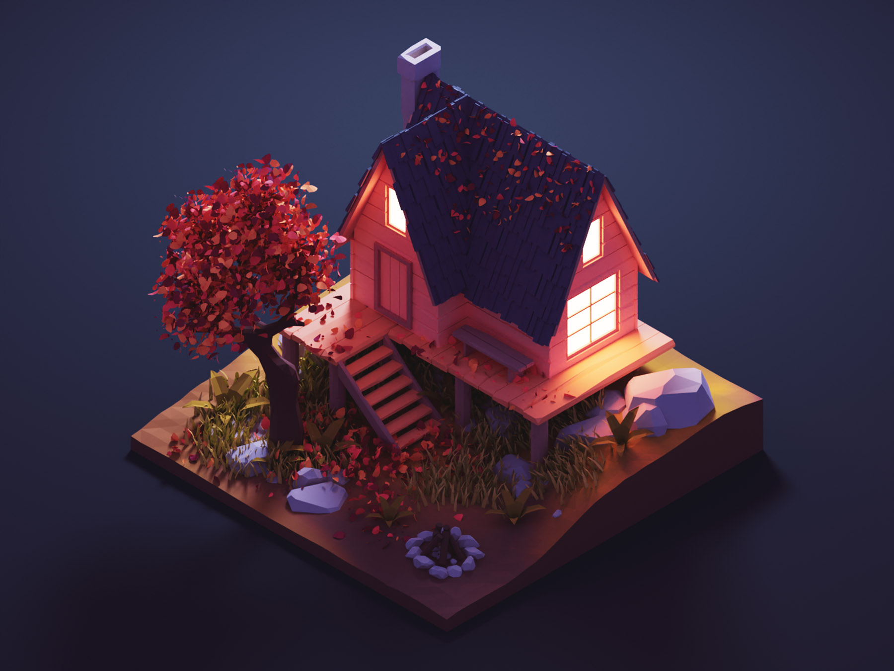 Night Cabin autumn fall house cabin diorama lowpolyart low poly lowpol.jpg
