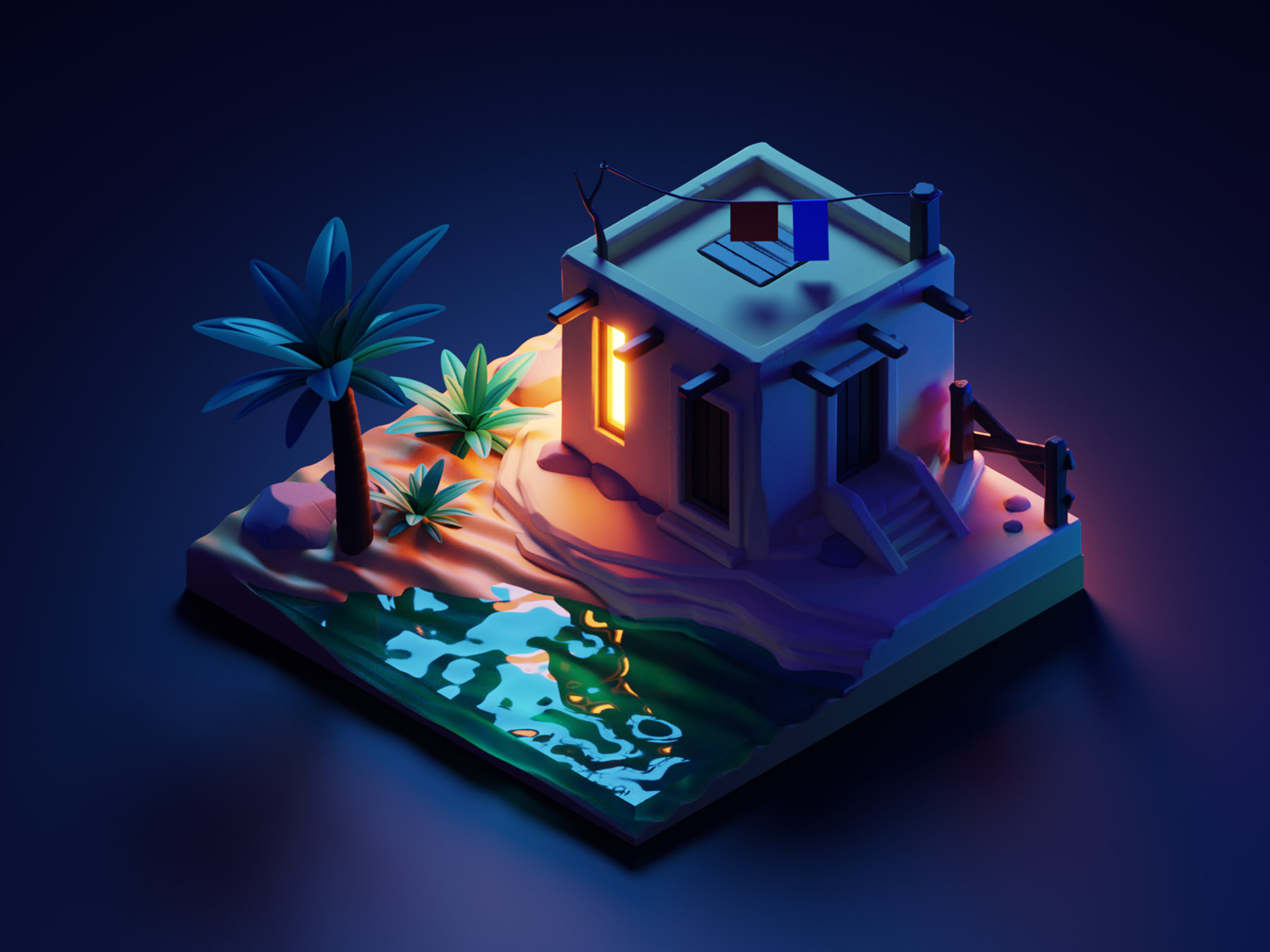 Night Oasis night desert oasis diorama isometric blender illustration.jpg