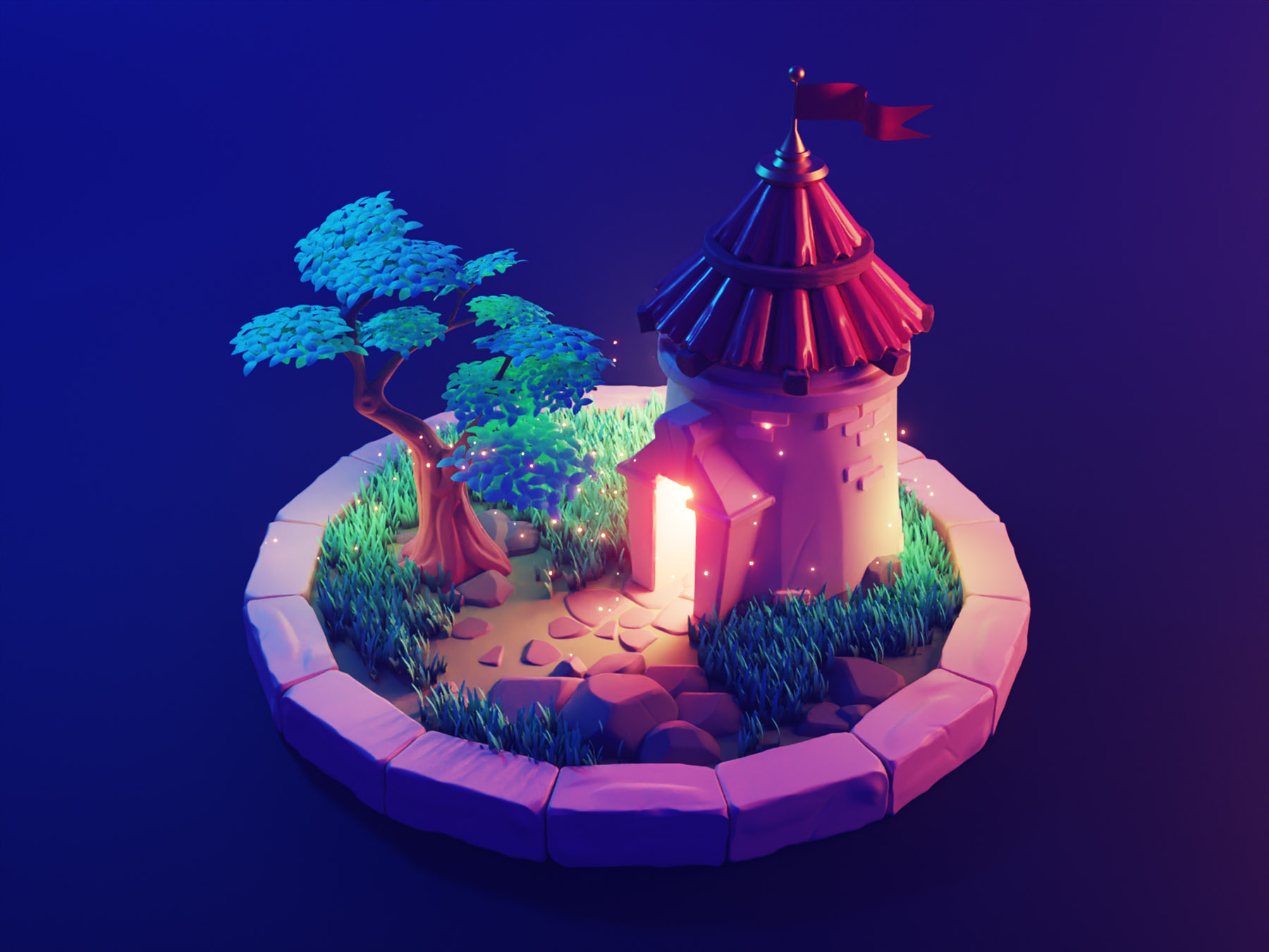 Night Tower cartoon tower medieval fantasy diorama isometric render bl.jpg