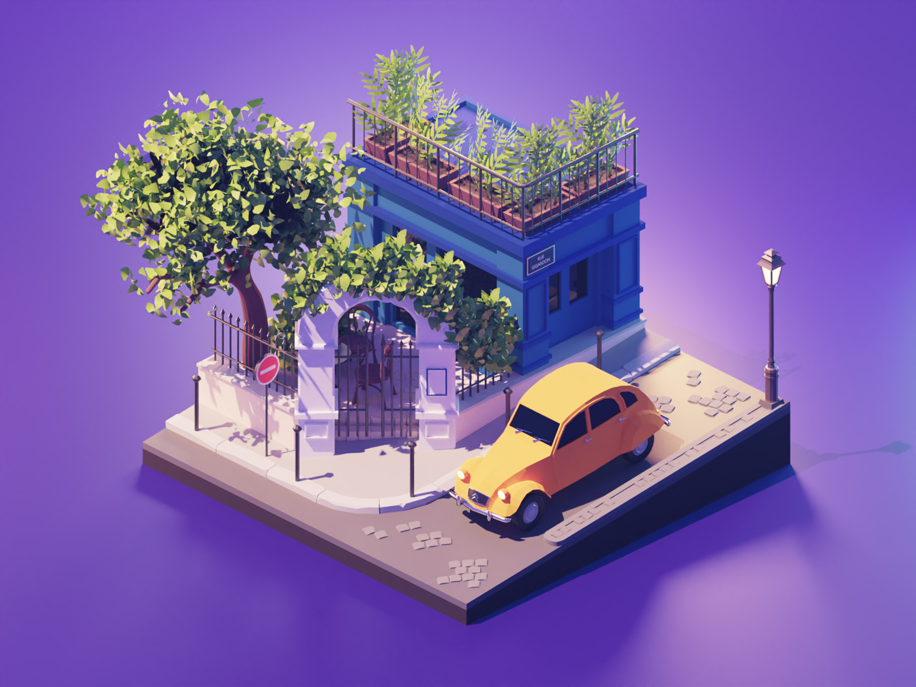 Paris 2cv citroen montmartre paris city lowpolyart low poly diorama lo.jpg
