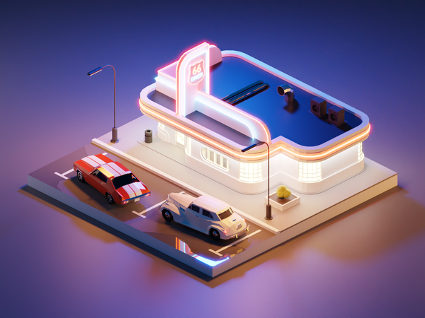 Route 66 Diner diner cadillac chevelle route66 building lowpolyart dio.png