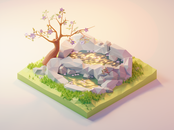 Spring Pond nature water pond grass spring flowers tree forest lowpoly.png