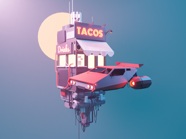 Taco Pit Stop flying car hovercar sci-fi cyberpunk lowpolyart diorama.png