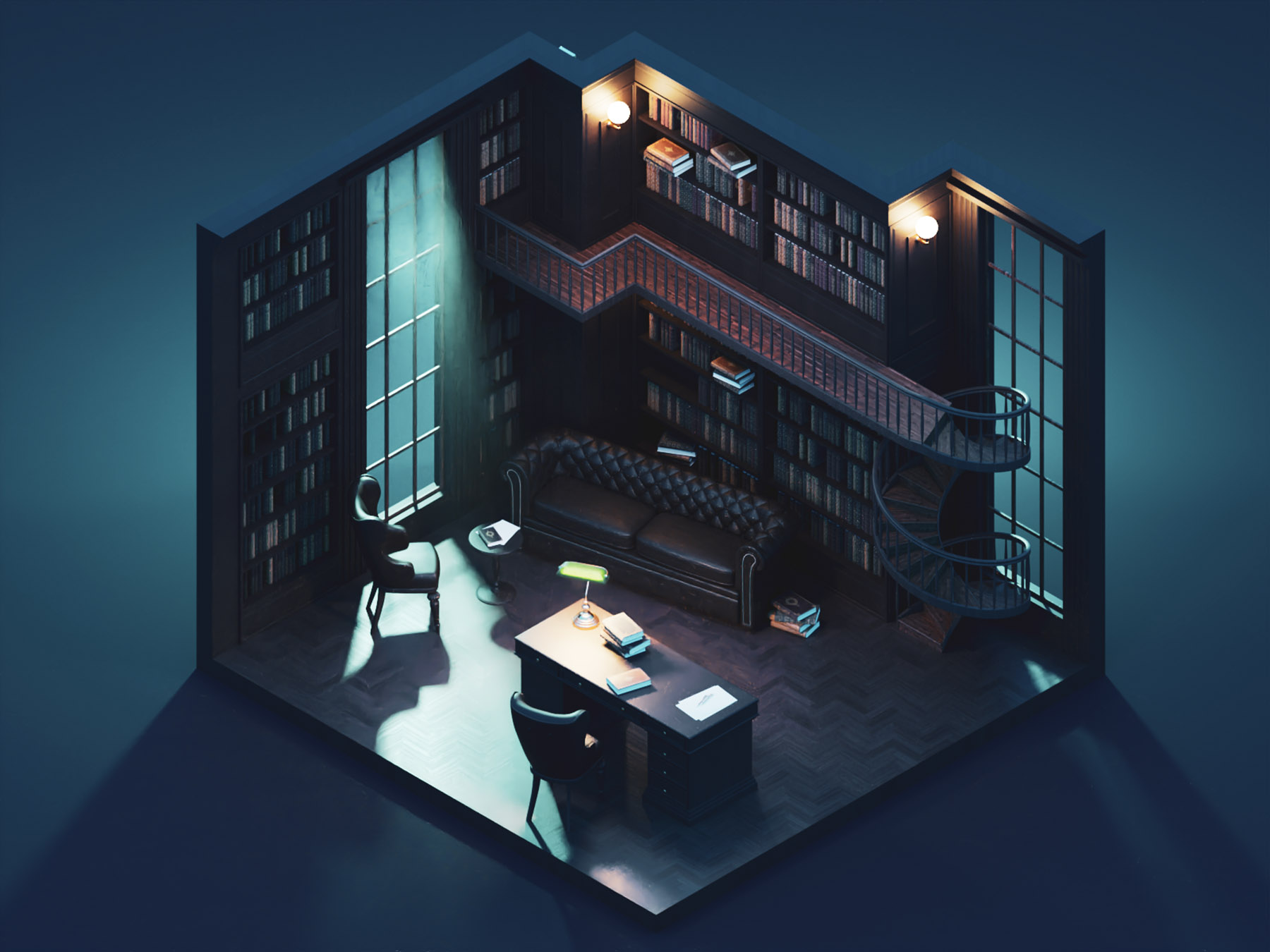 The Study at Night library room model diorama isometric render blender.jpg