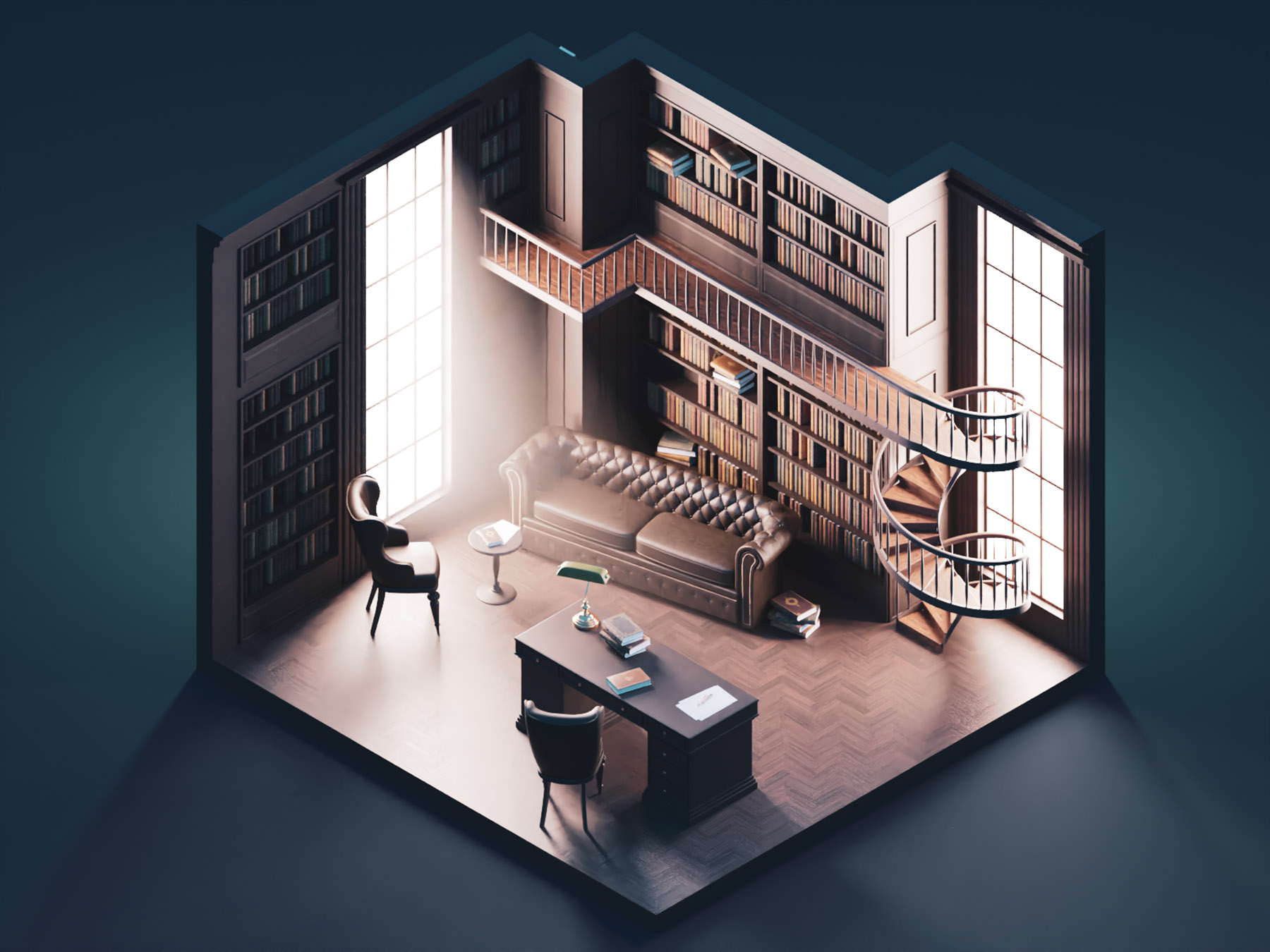 The Study antique library room interior diorama isometric render blend.jpg