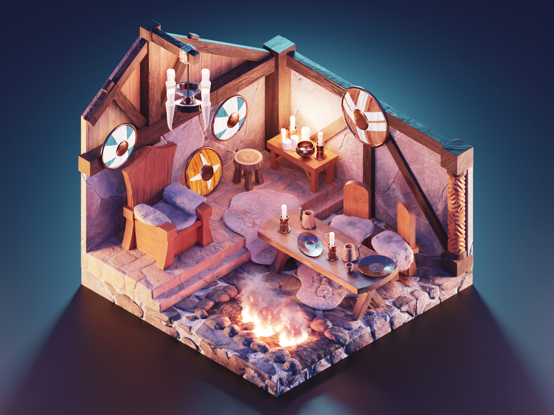 Viking Hall room medieval viking hall vikings lowpoly diorama isometri.jpg