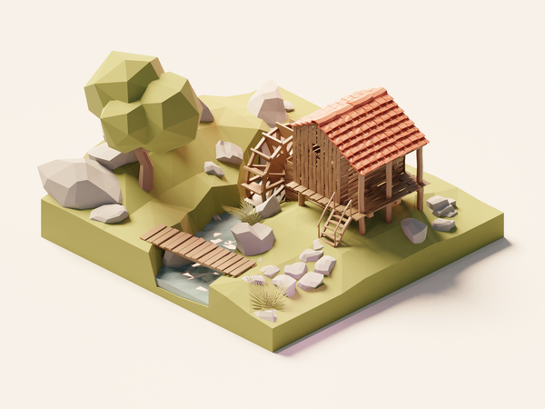 Watermill watermill mill forest lowpolyart diorama low poly model isom.png
