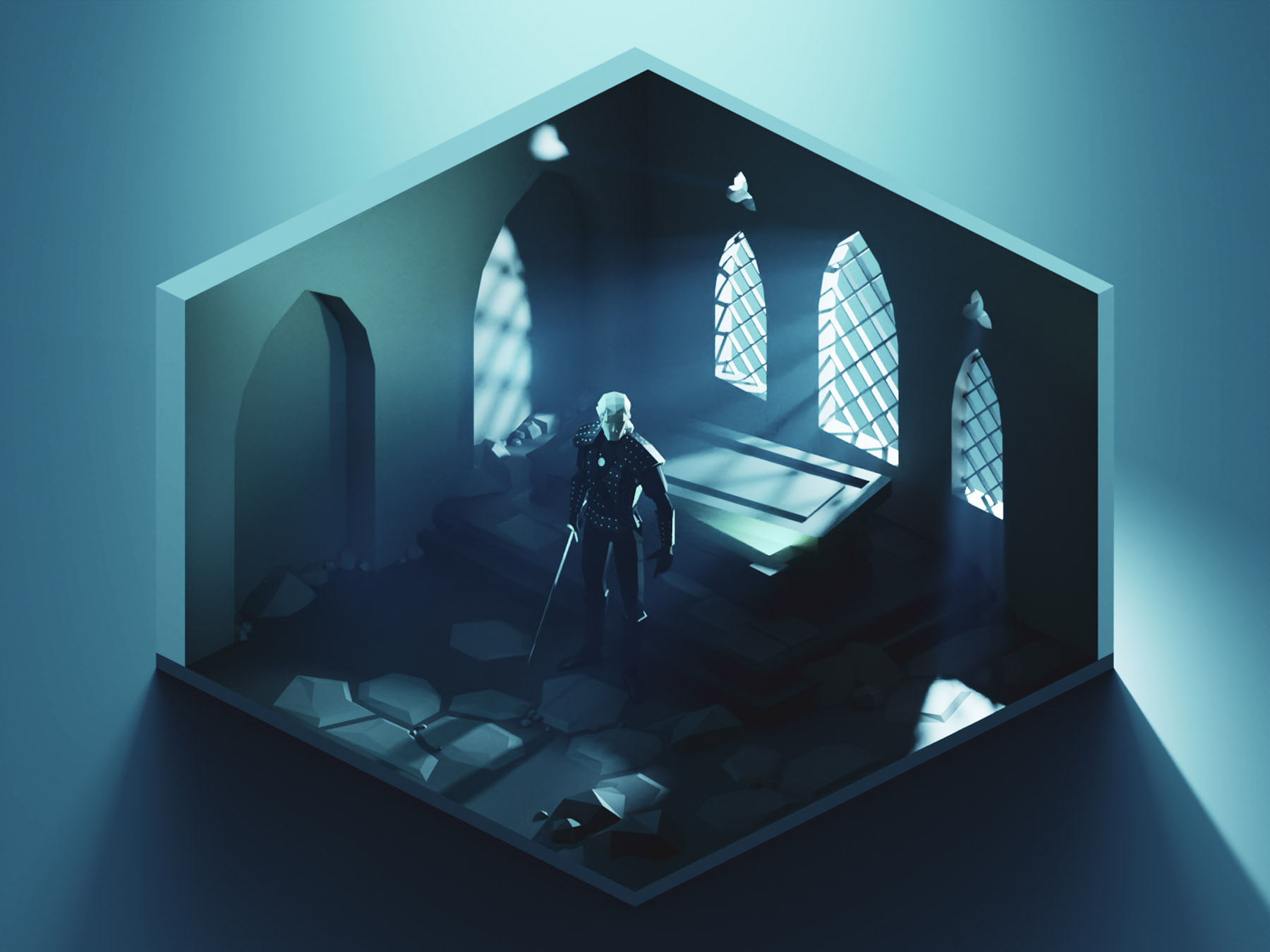 Witcher geralt of rivia witcher fanart lowpolyart diorama low poly iso.jpg