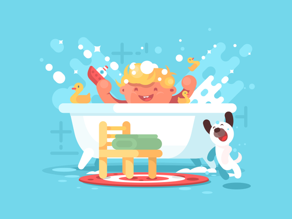 Baby in bath wash playing bath water bathroom child character illustra.png