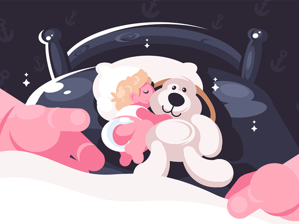 Baby sleeping in crib with toy character children little hand toy crib.png