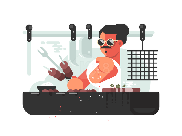 Barbecue cook kebab meat ban character chef illustration vector flat k.png