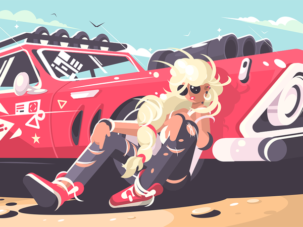 Blond girl sitting near red car character red car girl automobile cute.png