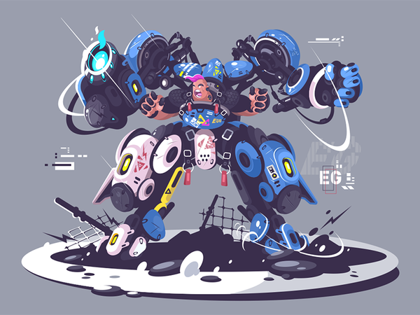 Brutal guy in combat exoskeleton kit8 flat vector illustration robot e.png
