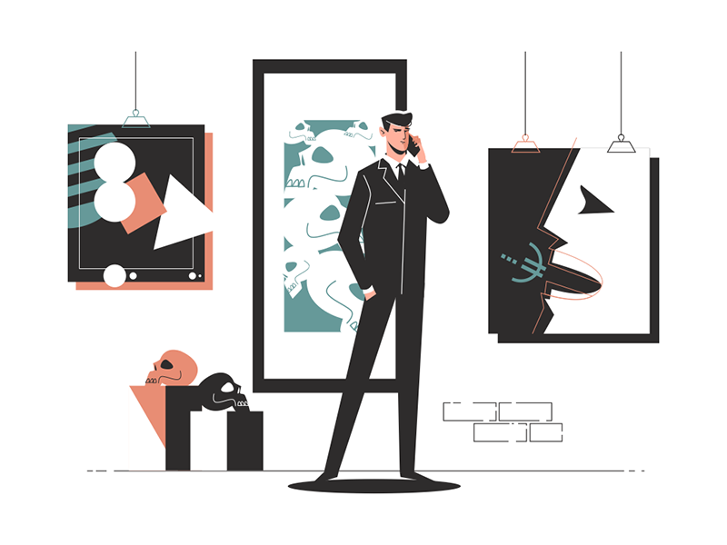Businessman in an art gallery talking on phone kit8 flat vector illust.png