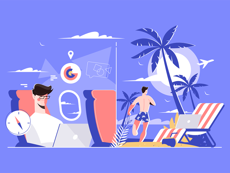 Businessman on plane versus on vacation at a beach kit8 flat vector il.png