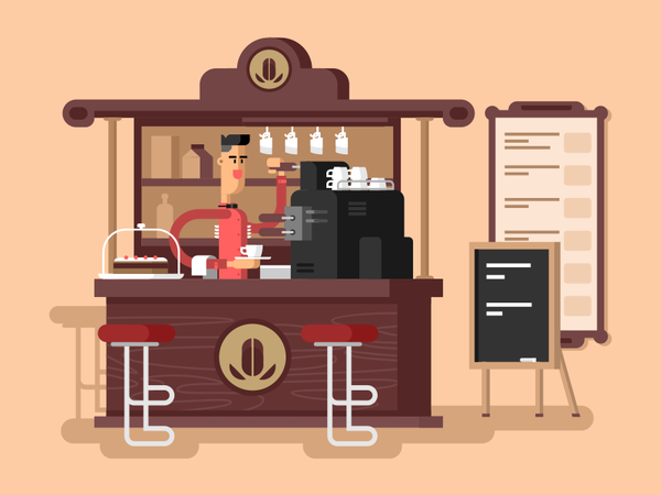 Cafe cafe coffee machine man shop bar interior character barista illus.png