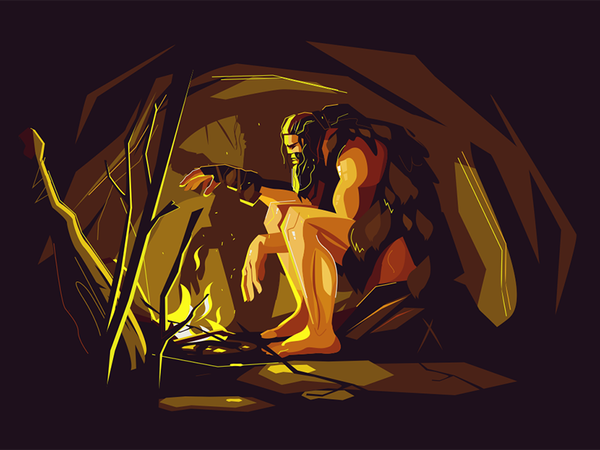 Caveman near bonfire kit8 flat vector illustration character man prehi.png