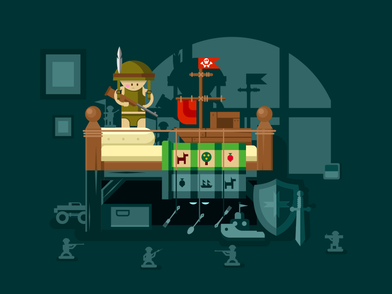 Child playing in the room bed kid play monsters room child illustratio.png