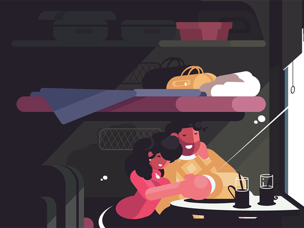 Couple traveling in train character compartment man woman hugging coup.png