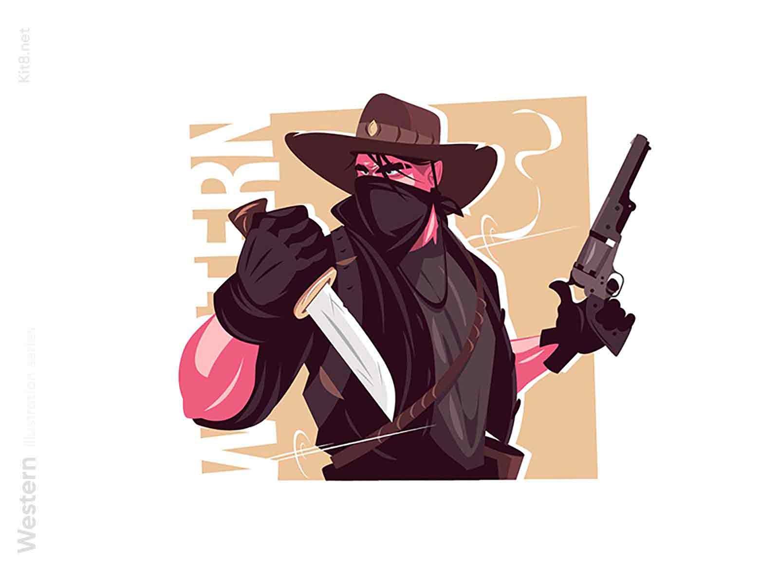 Cowboy with pistol illustration agressive face mask pistol gun wild we.jpg