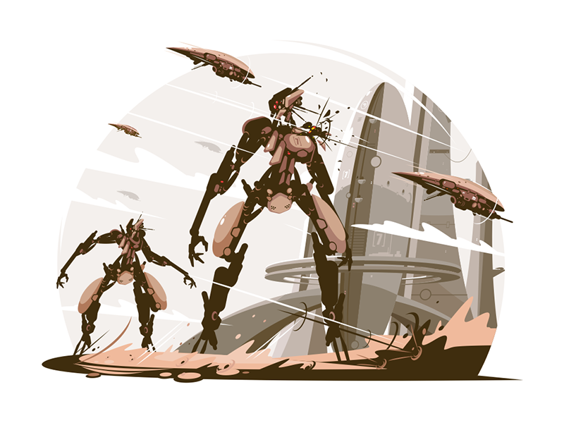 Cyborgs on battle field kit8 flat vector illustration character battle.png