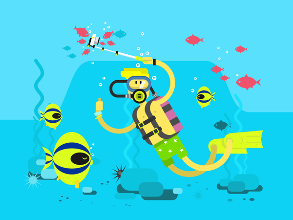 Diver selfie fish underwater diving diver character illustration vecto.png