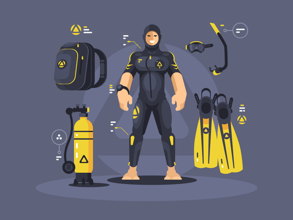 Divers equipment aqualung character scuba snorkel underwater wetsuit e.png