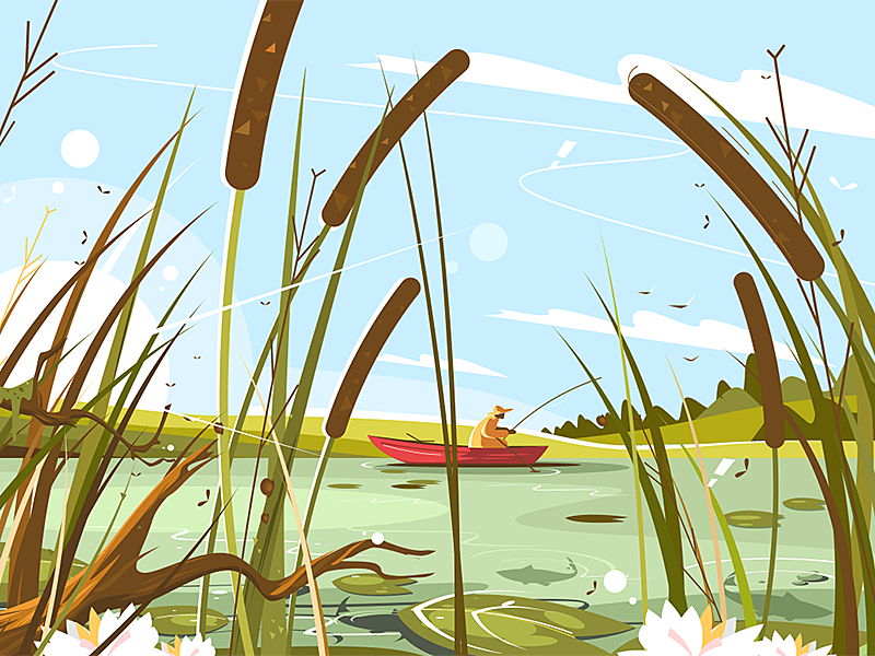 Fisherman fishing in pond kit8 flat vector illustration boat sitting m.png