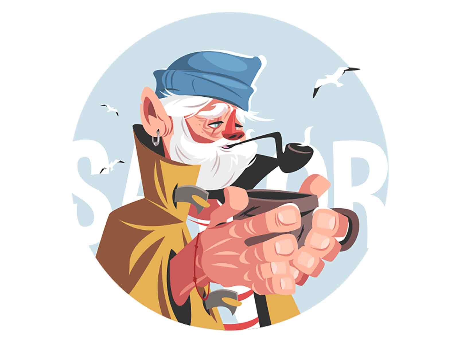 Fisherman with hot drink seagull smoking pipe character vector illustr.jpg