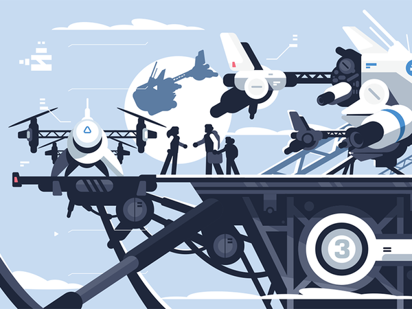 Flying taxi drones station character futuristic people station quadcop.png