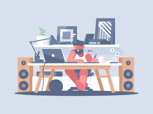 Freelancer indoors speakers laptop workspace place work man freelance.png