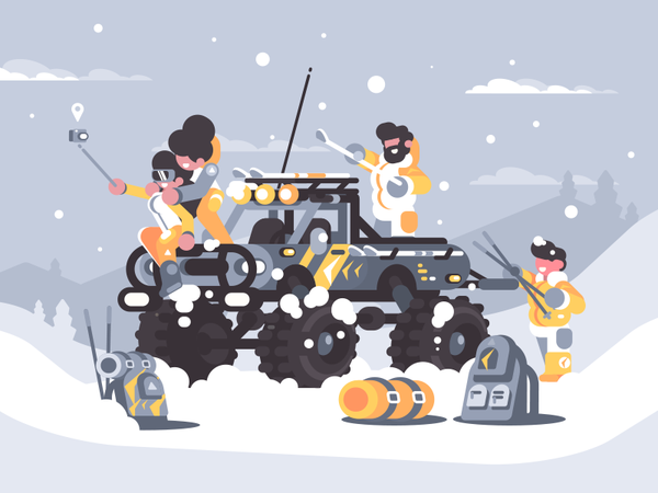 Friends hanging out in mountains car mountains winter character rest t.png