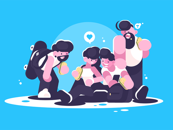 Friends eating snack character communication smartphone snack eating f.png