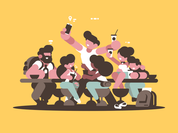 Friends in cafe guy boy girl group cafe friends illustration vector fl.png