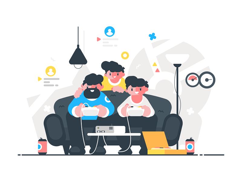 Friends sitting on couch and playing video games kit8 flat vector illu.png