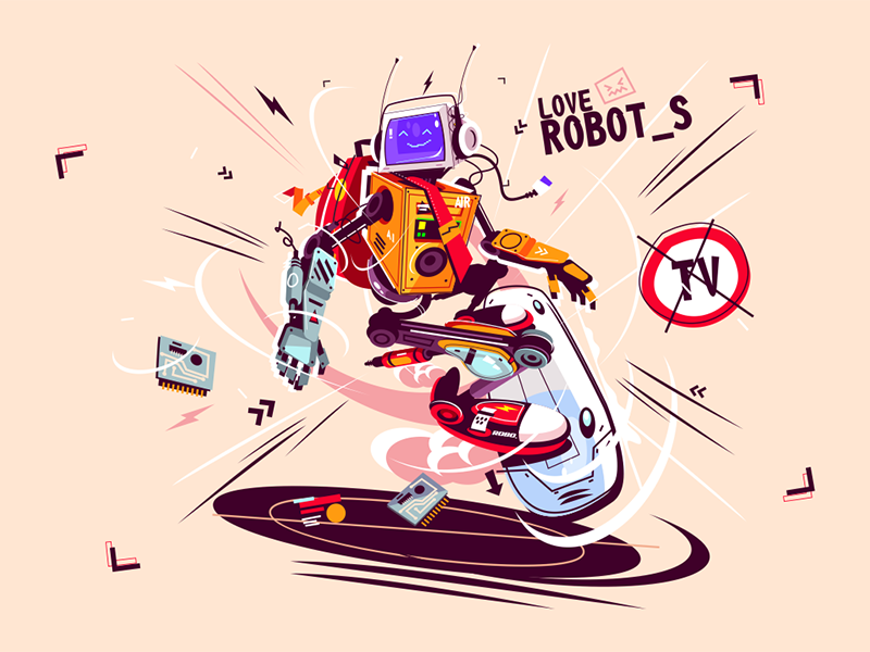 Funny robot on flying board kit8 flat vector illustration board flying.png