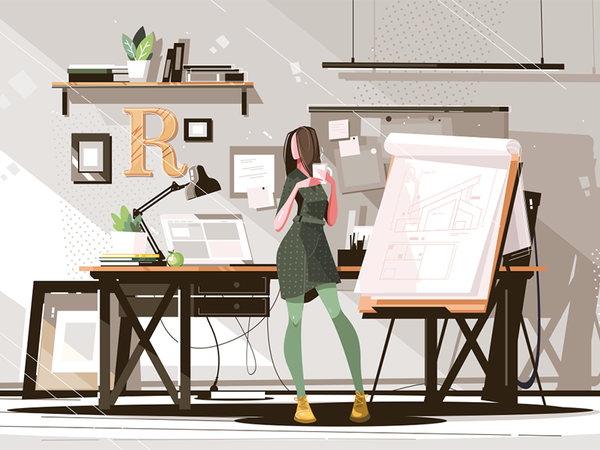 Girl architect working on project kit8 flat vector illustration charac.png