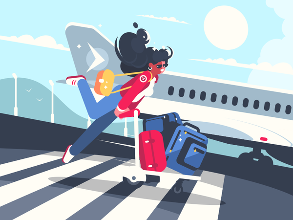 Girl carrying baggage on trolleys character airport suitcase woman gir.png