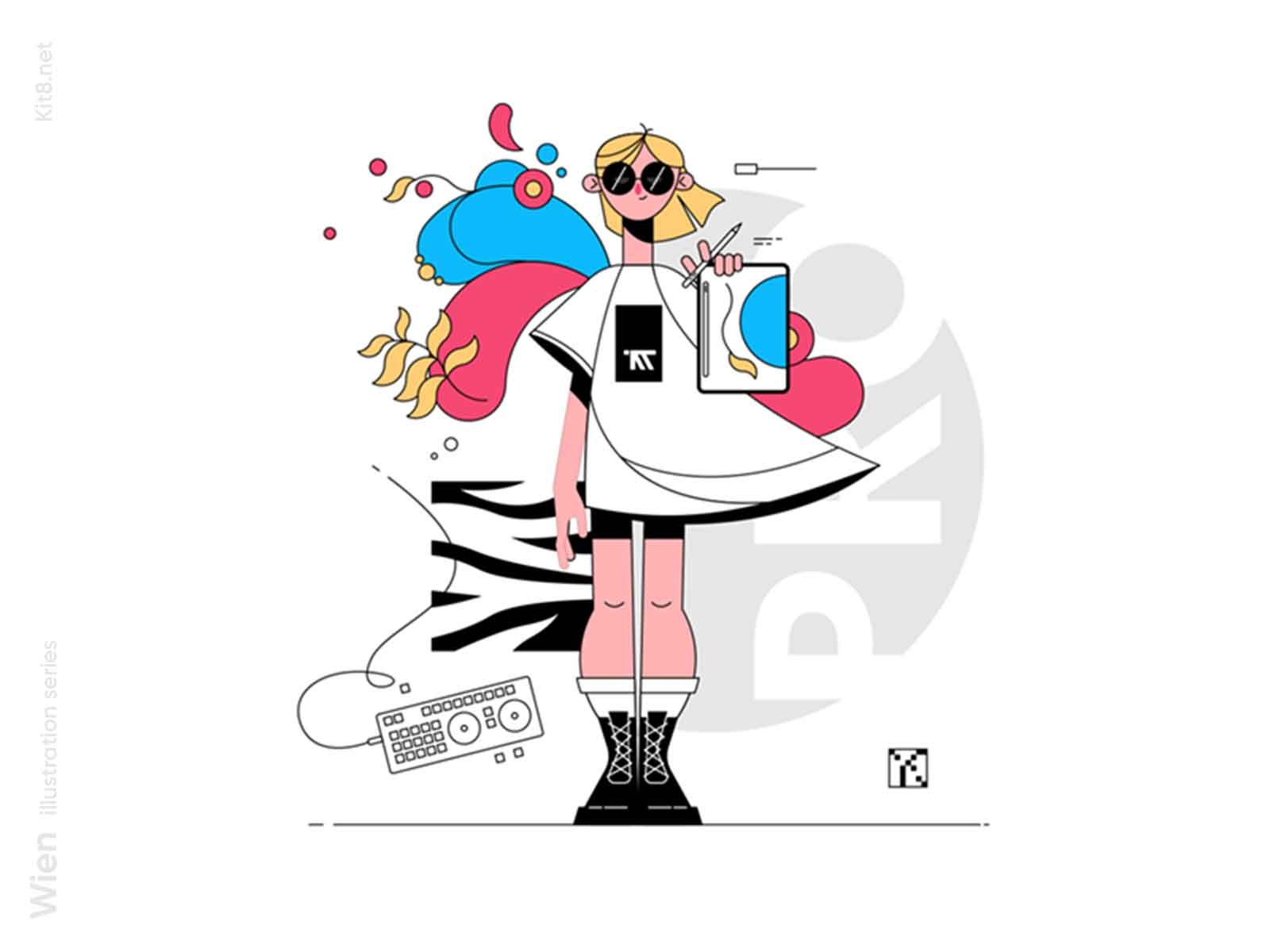 Girl holding graphic tablet with painting flowers glasses illustrator.jpg