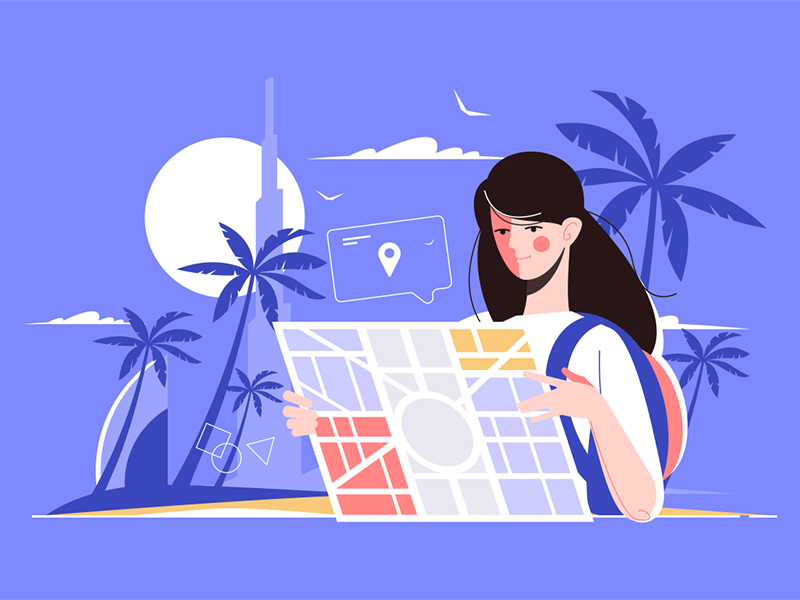 Girl holding map in hands kit8 flat vector illustration character palm.png