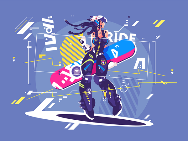 Girl in sportswear with snowboard character sport kind winter snowboar.png