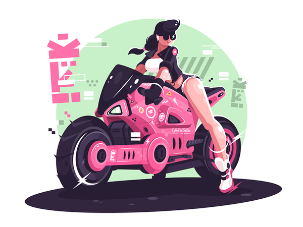 Girl on motorbike video drawing process motorbike future design people.png