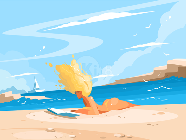 Girl on sunny beach cocation travel character ocean yacht seaside biki.png