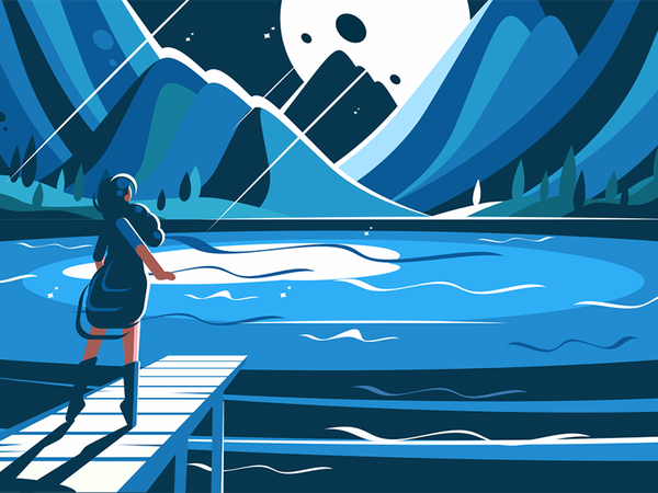 Girl stand on pier character cute night moonlight pier girl illustrati.png
