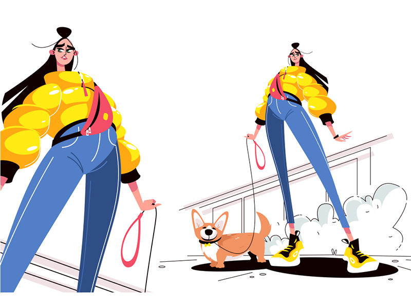 Girl walking with dog kit8 flat vector illustration character leash wa.png