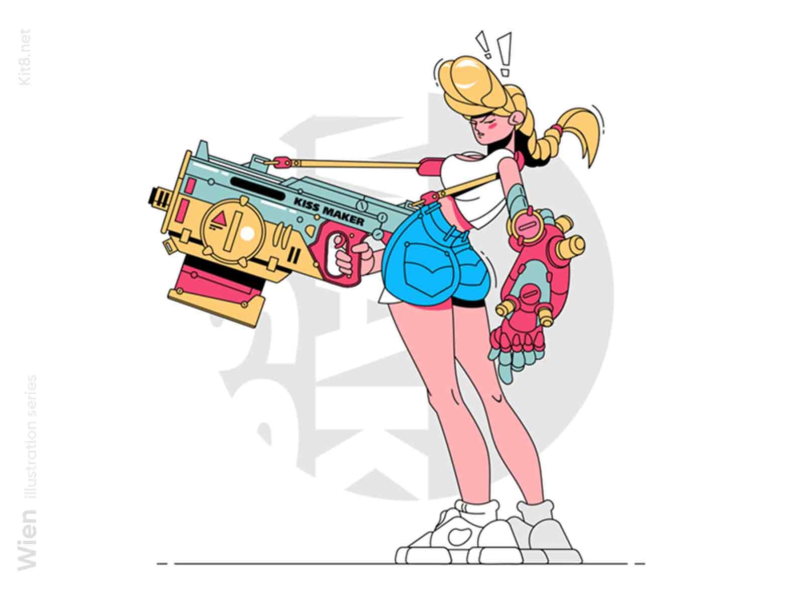 Girl with gun illustration warrior weapon line linear cartoon gun woma.jpg